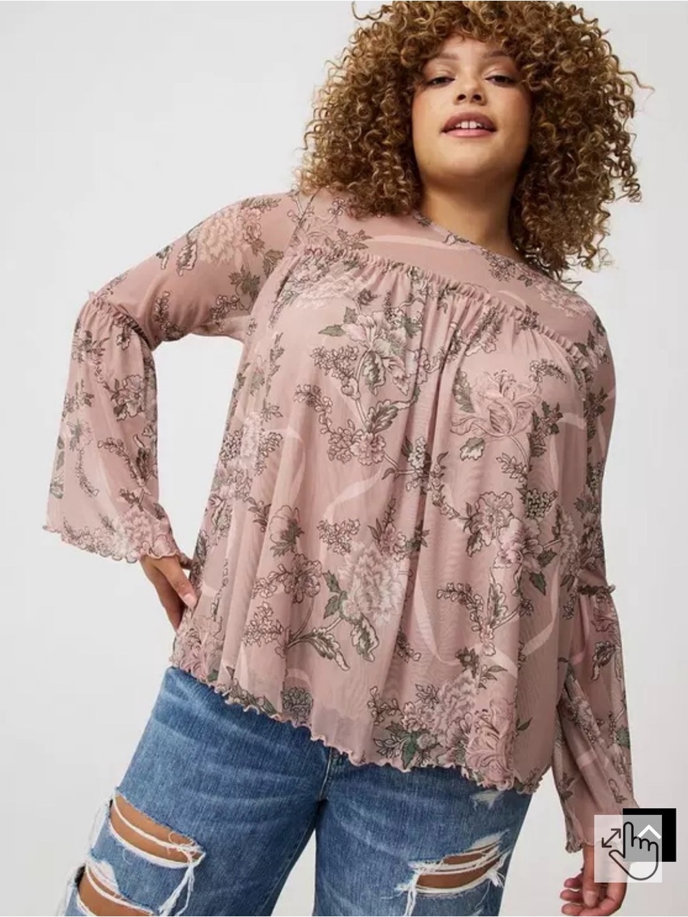 Stretch Mesh Flowy Floral Bell Sleeve Blouse Size 2